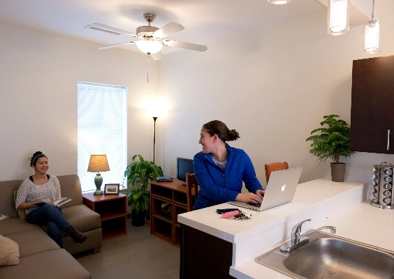 Image of two students in housing. One is at counter on computer looking back at another person sitting on couch.