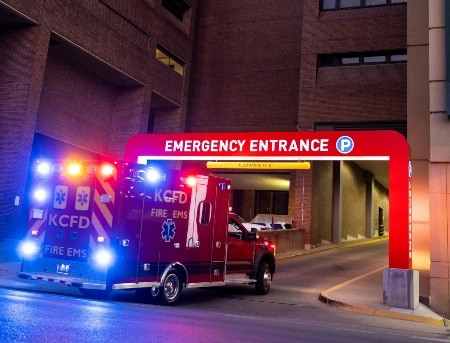 An ambulance pulling into University Health Truman Medical Center.