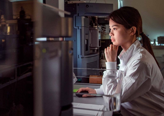 A graduate researcher works on her computer in the lab.