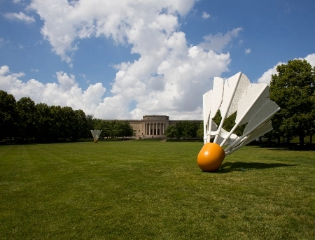 View of the large shuttlecock sculptures on the lawn in front of Kansas City's Nelson Atkins Museum.