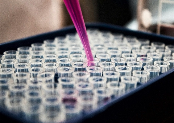 Laboratory pipette taking a sample from a tray