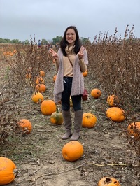 Angela Fu at a pumpkin patch.