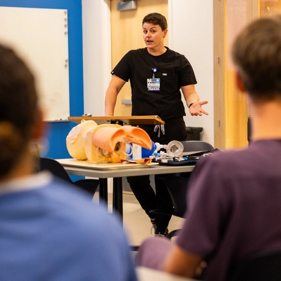 Dr. Finneran gives an airway lecture to medical students in one of the School of Medicine's classrooms rooms.