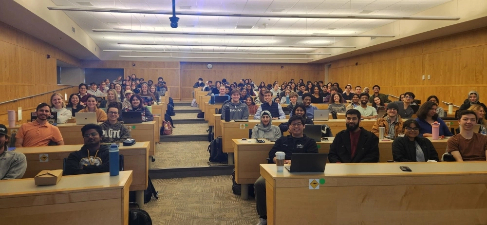 Wide angle view of the Pathology Course students sitting in class listing to a lecture.