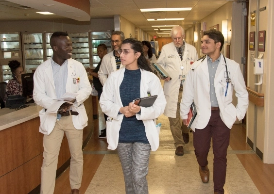 M.D. students talking and walking down a hospital hallway together.