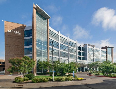 Exterior view of Mosaic Life Care, a modern hospital in St. Joseph.