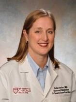 Portrait of Julie Oyler, M.D. in her University of Chicago physician's coat.