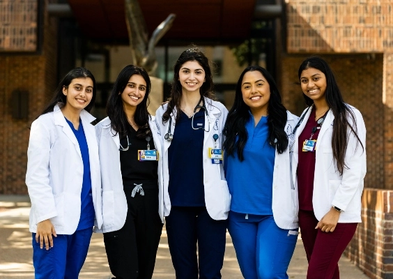 Student researchers pose for a group photo outside the School of Medicine building.