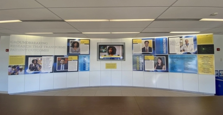 A wide view of the School of Medicine Research Wall of Fame.